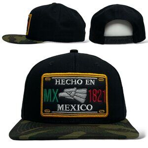 Hecho en Mexico Eagle Embroidered Snapback Cap, Flat Brim Black/Camo
